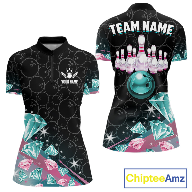 Custom Pink Turquoise Diamonds Bowling Shirt For Women, Glowing Bowling Team Jersey Polo & 1/4 Zip TDM6270