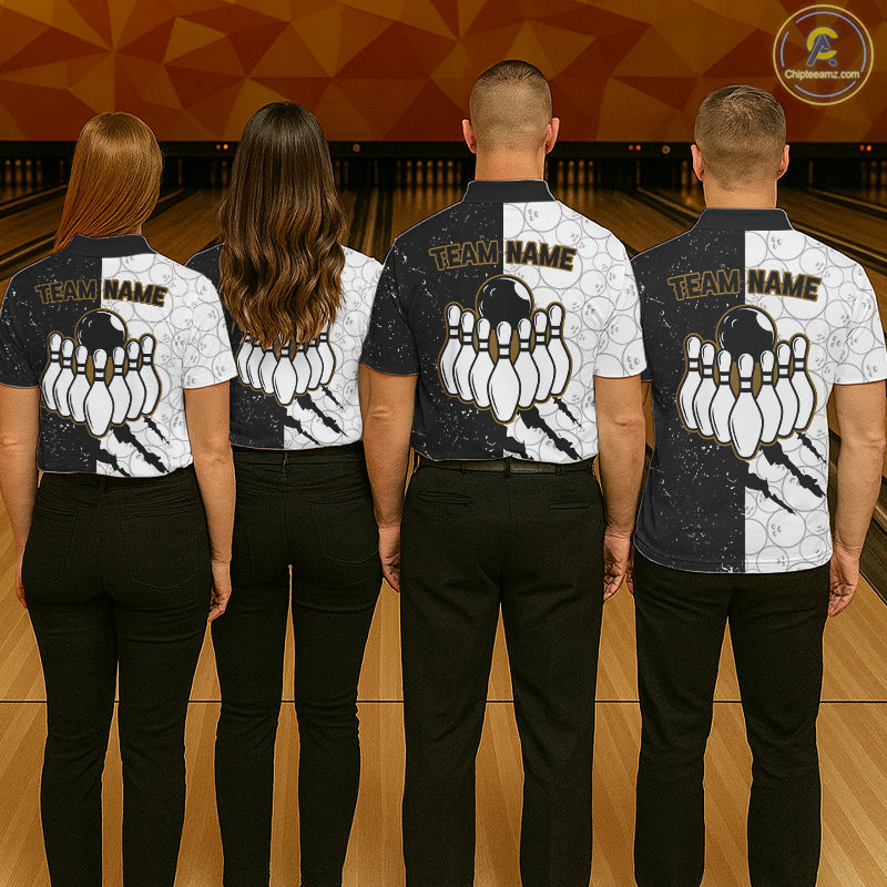 Custom Grunge Black White Bowling Shirt For Women, Bowling Tournament Team Shirt Polo & 1/4 Zip TDM6271