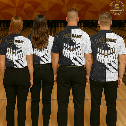 Custom Grunge Black White Bowling Shirt For Women, Bowling Tournament Team Shirt Polo & 1/4 Zip TDM6271