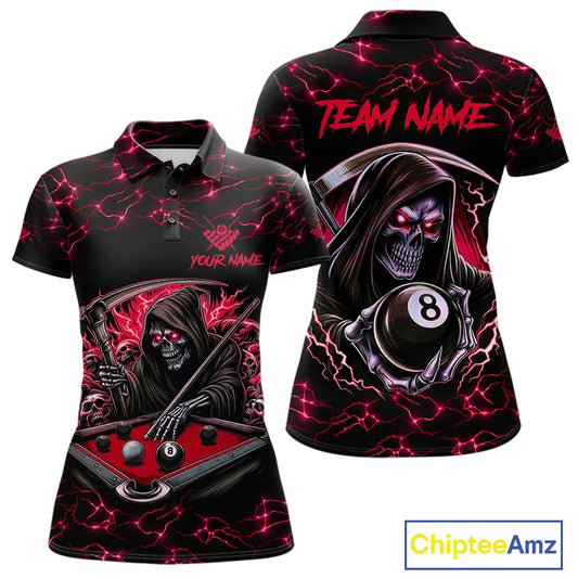 Red Funny Grim Reaper 8 Ball Pool Women Billiard Shirts Custom Name Lightning Billiard Jerseys TDM2159