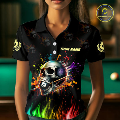 Funny Billiard Colorful Skull Personalized Women Polo Shirts, Custom Team Name Billiard Attire TDM1066