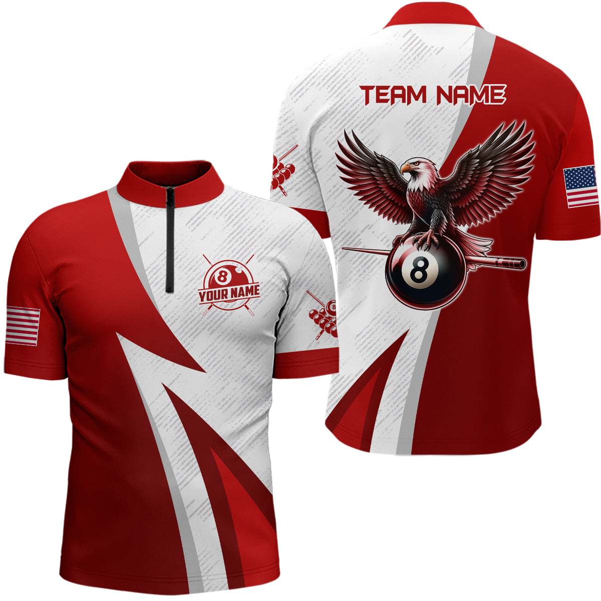 Personalized Red Billiards Pool Men Quarter-Zip Shirts, 8 Ball Pool Eagle Billiard Jerseys TDM1070