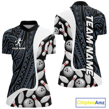 Load image into Gallery viewer, Blue tribal pattern bowling quarter zip shirt for women designed for league tournaments and team events.