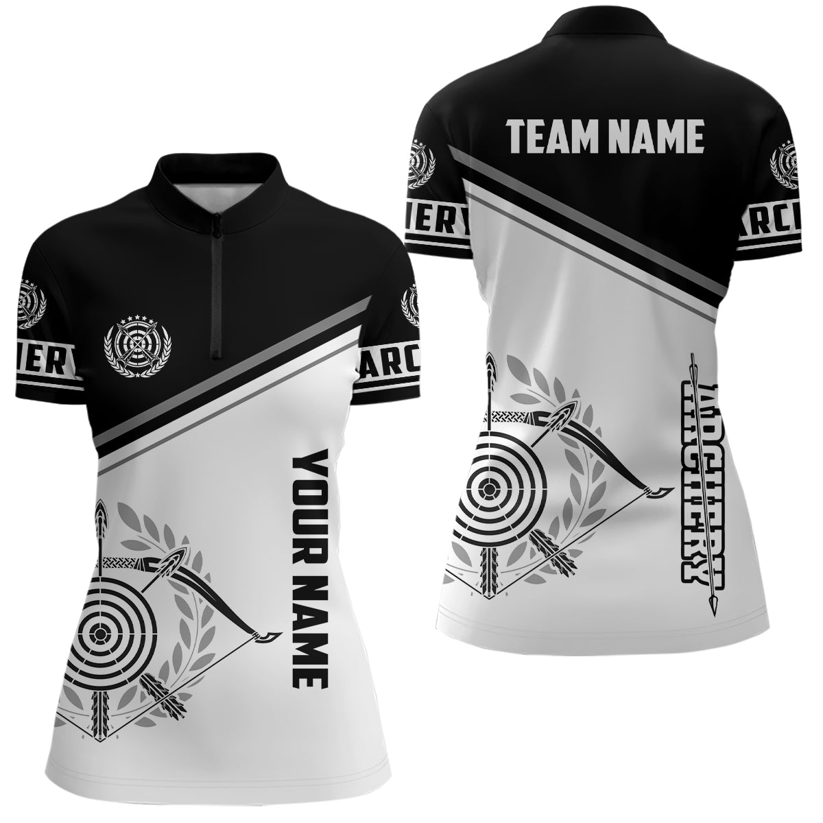 Personalized Black White Archery Bow 3D Quarter-Zip Shirts For Women, Archery Team Uniform TDM0519