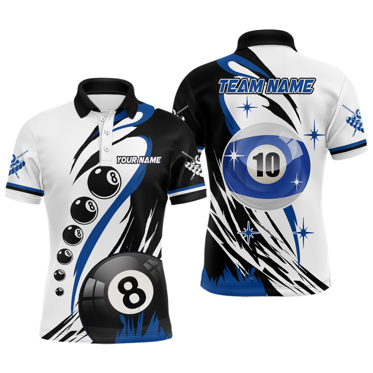 Personalized Billiard 8 Ball & 10 Ball Men Polo Shirts, Custom Team Name Billiard Attire Jerseys TDM1078