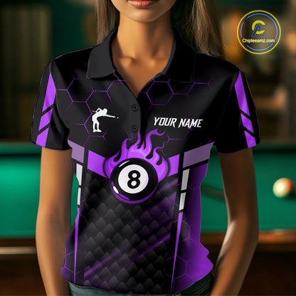 Personalized Purple 8 Ball Flame Billiard Polo & Quarter Zip For Women, 8 Ball Pool Team Jersey TDM6039