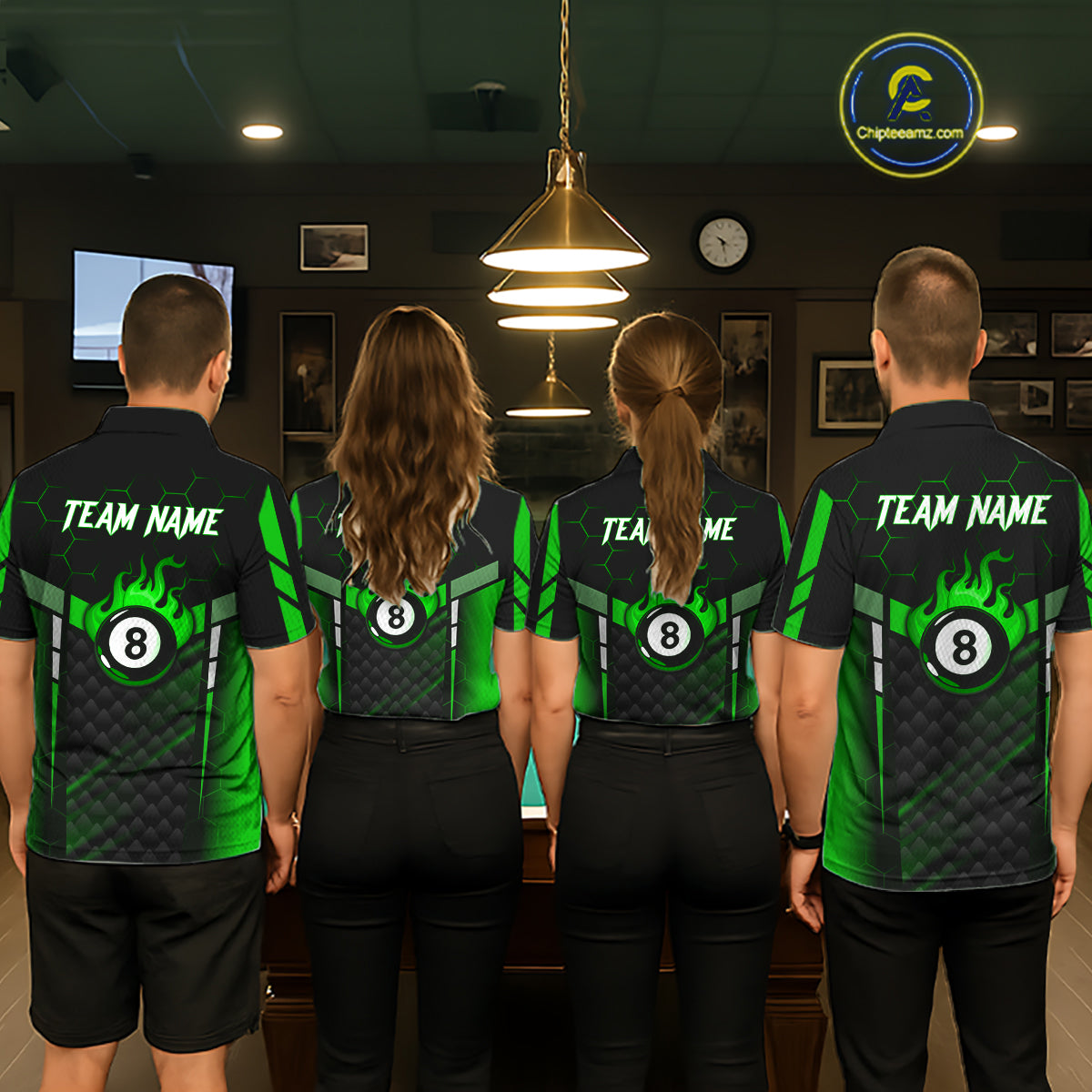 Personalized Green 8 Ball Flame Billiard Polo & Quarter Zip For Women, 8 Ball Pool Team Jersey TDM6040