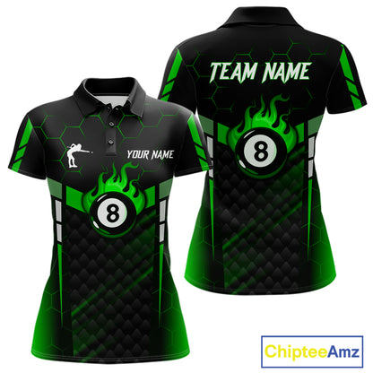 Personalized Green 8 Ball Flame Billiard Polo & Quarter Zip For Women, 8 Ball Pool Team Jersey TDM6040