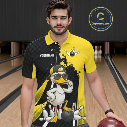 Custom Yellow Black Funny Duck Bowling Shirts For Men, Bowling Team Jersey Polo & 1/4 Zip TDM6293