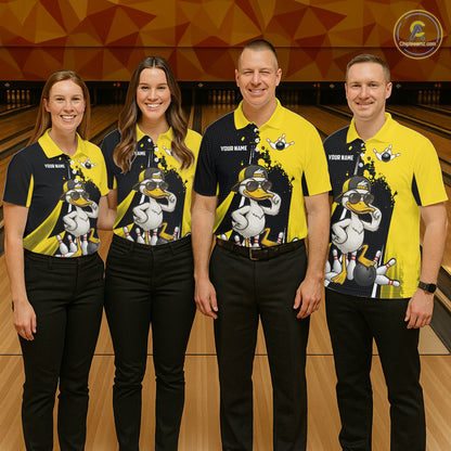 Custom Yellow Black Funny Duck Bowling Shirts For Women, Bowling Team Jersey Polo & 1/4 Zip TDM6293