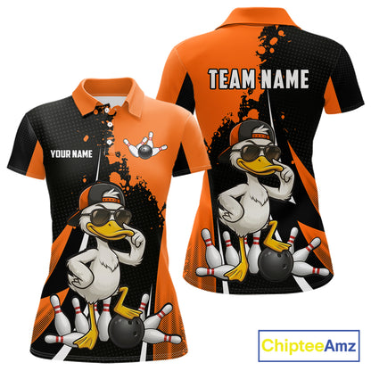 Custom Black And Orange Funny Duck Bowling Shirts For Women, Bowling Team Jersey Polo & 1/4 Zip TDM6294