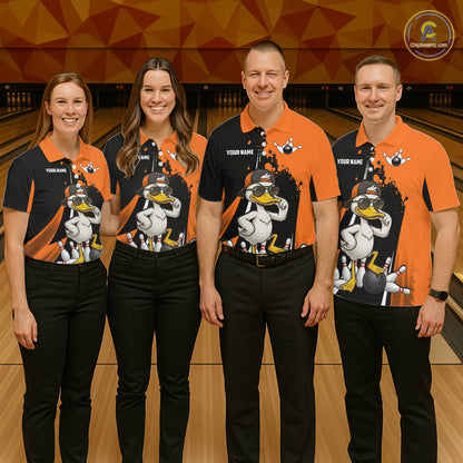 Custom Black And Orange Funny Duck Bowling Shirts For Women, Bowling Team Jersey Polo & 1/4 Zip TDM6294