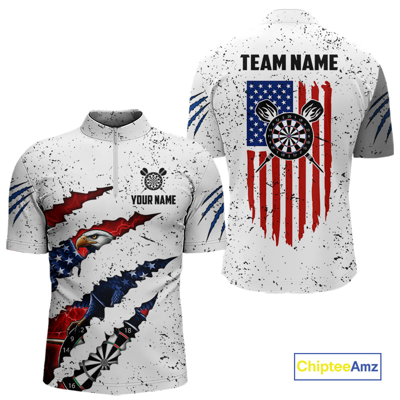 Customized Eagle American Flag White Grunge Darts Shirts For Men, Patriotic Darts Team Jersey TDM7179