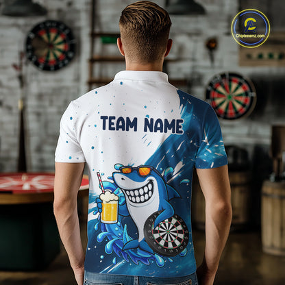 Blue And White Funny Shark Darts Shirts For Men Custom Darts Team Jersey Polo, Quarter Zip TDM7181