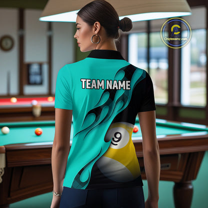 Black And Turquoise Billiard 8 Ball & 9 Ball Pool Shirt For Women Custom Billiard Team Jersey TDM5164