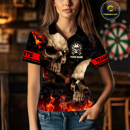 Let My Demon Throw Funny Dart Shirt For Women Custom Flame Skull Darts Team Jersey Polo & 1/4 Zip TDM4166