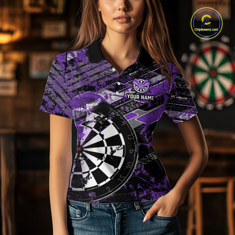 Personalized Purple Splatter Grunge Darts Shirt For Women Custom Darts Jersey Team Polo & 1/4 Zip TDM6486