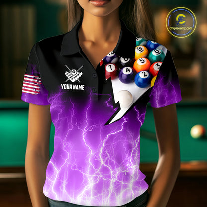 Purple Billiard Jersey For Women Custom Thunder Lightning 3D Pool Balls Team Jersey Polo & 1/4 Zip TDM4563