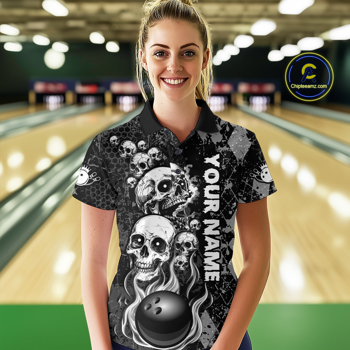 Black Grey Grunge Argyle Skull Bowling Shirt For Women Custom Bowling Team Jersey Polo & 1/4 Zip TDM4773