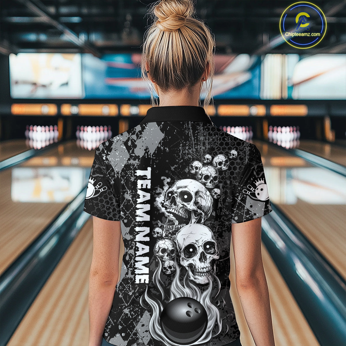 Black Grey Grunge Argyle Skull Bowling Shirt For Women Custom Bowling Team Jersey Polo & 1/4 Zip TDM4773
