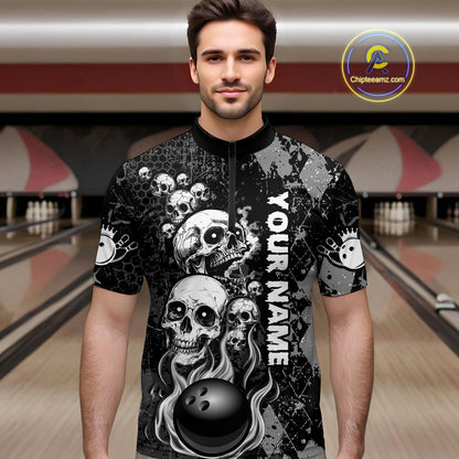 Black Grey Grunge Argyle Skull Bowling Shirt For Men Custom Bowling Team Jersey Polo & 1/4 Zip TDM4773