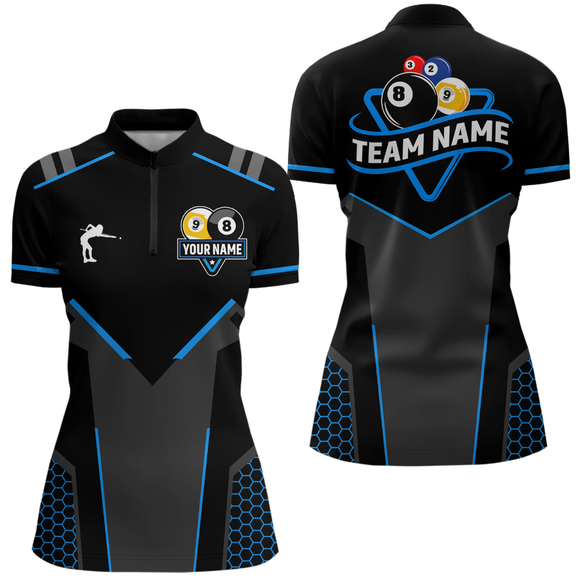 Personalized 8 Ball & 9 Ball Pool Billiard Polo, 1/4 Zip For Women Custom Team Billiard Jerseys |Blue TDM3547