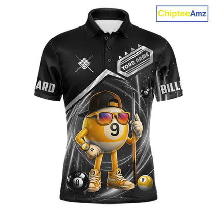 Funny silver 9 ball pool billiard team jersey polo shirt for men featuring a humorous 9 ball design, premium custom pool team apparel and billiard league jersey for tournaments, league play and everyday competition.
