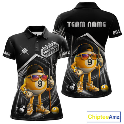 Funny silver 9 ball pool billiard team jersey polo shirt for women featuring a humorous 9 ball design, premium custom pool team apparel and billiard league jersey for tournaments, league play and everyday competition.