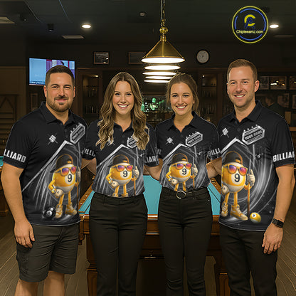 Billiard team wearing matching funny silver 9 ball pool team jerseys featuring playful billiard graphics, front view.