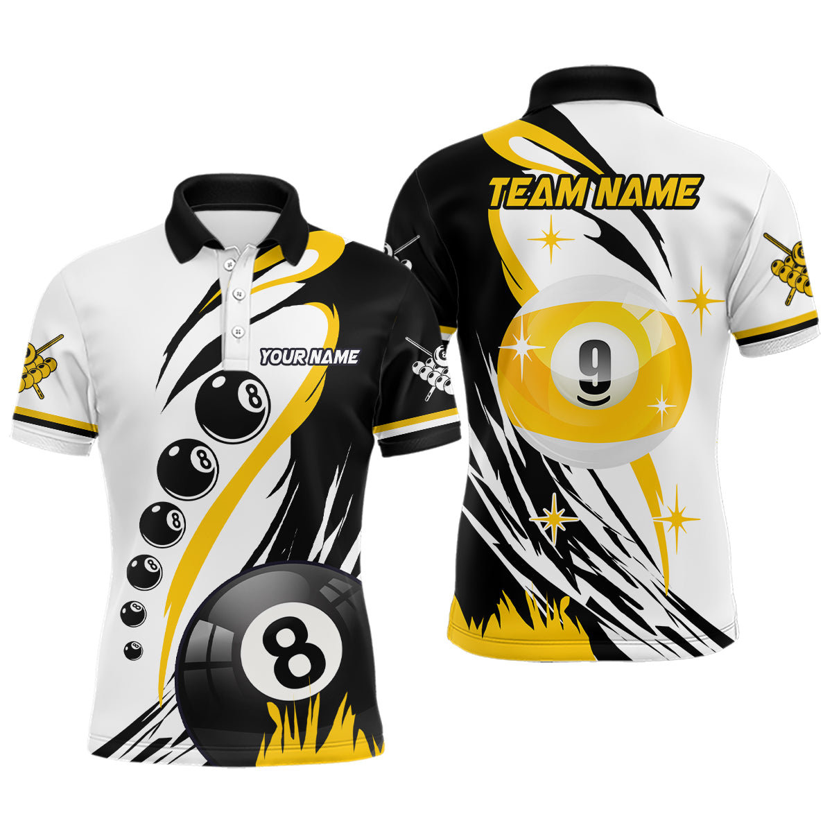 Personalized Billiard 8 Ball & 9 Ball Men Polo Shirts, Custom Team Name Billiard Attire Jerseys TDM1229