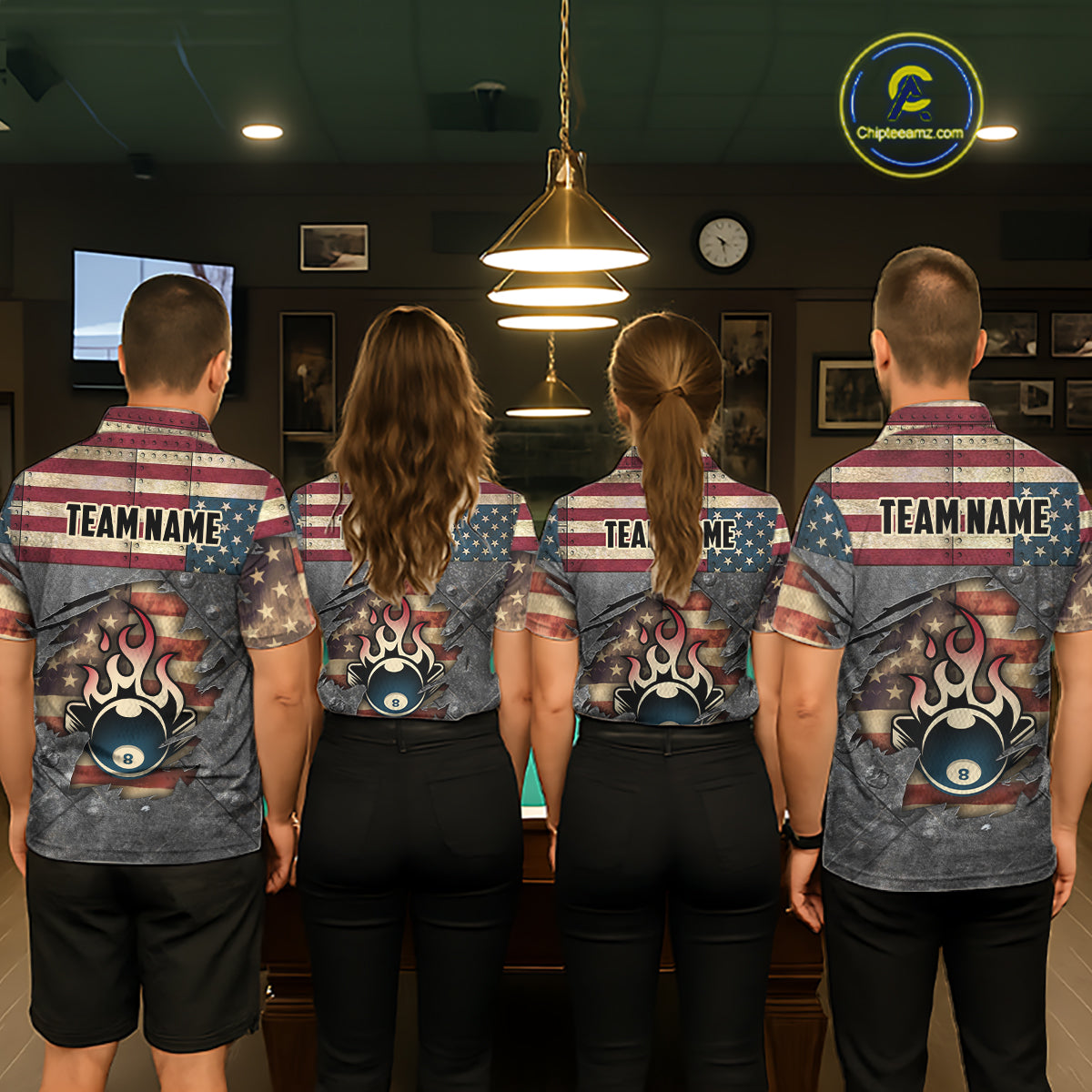 Billiards Vintage US Flag Custom Flame 8 Ball Pool Polo & 1/4 Zip For Men, Billiard Team Jersey TDM6075