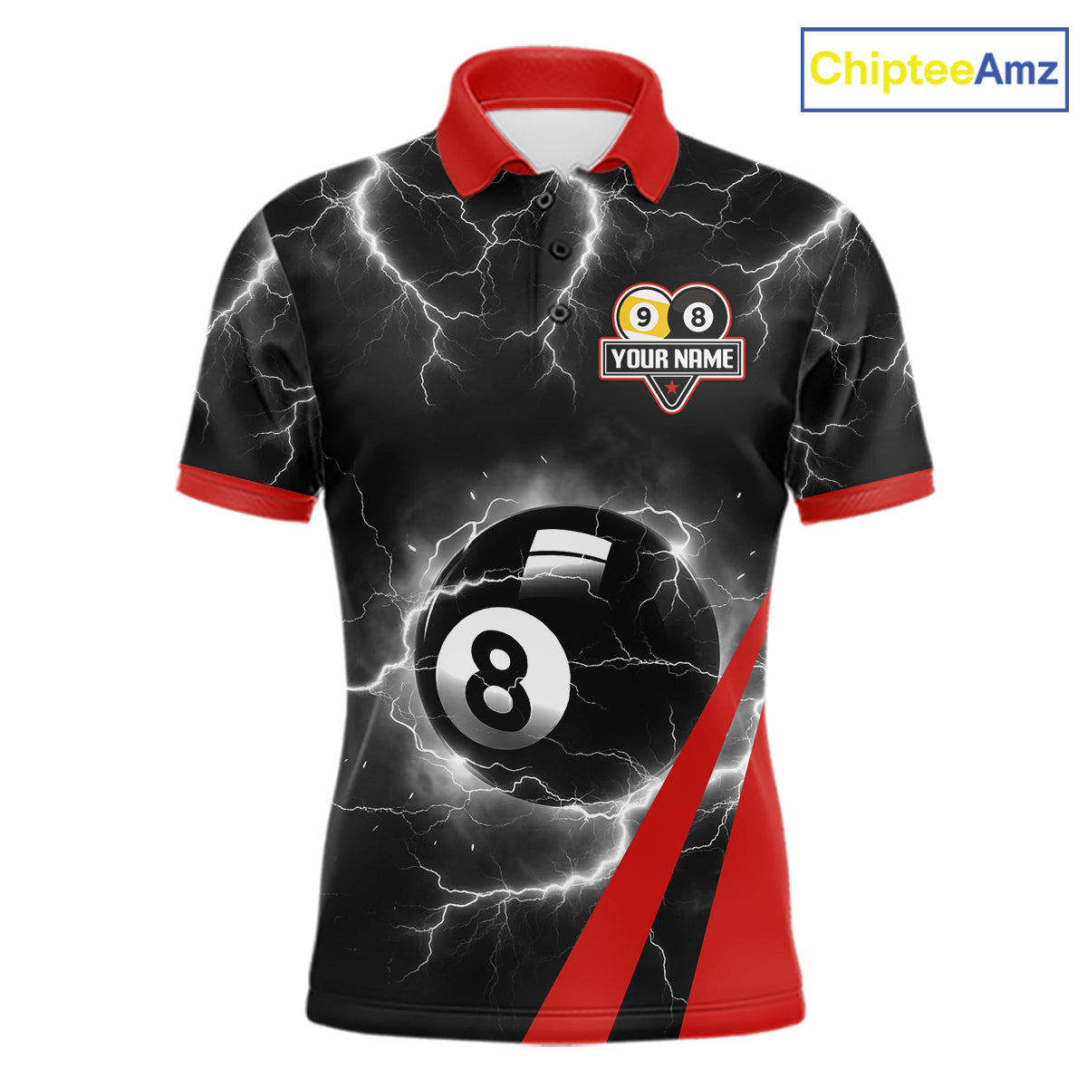 Black And Red 8 Ball 9 Ball Lightning Billiard Shirt For Men Custom Pool Team Jersey Polo, 1/4 Zip TDM6323