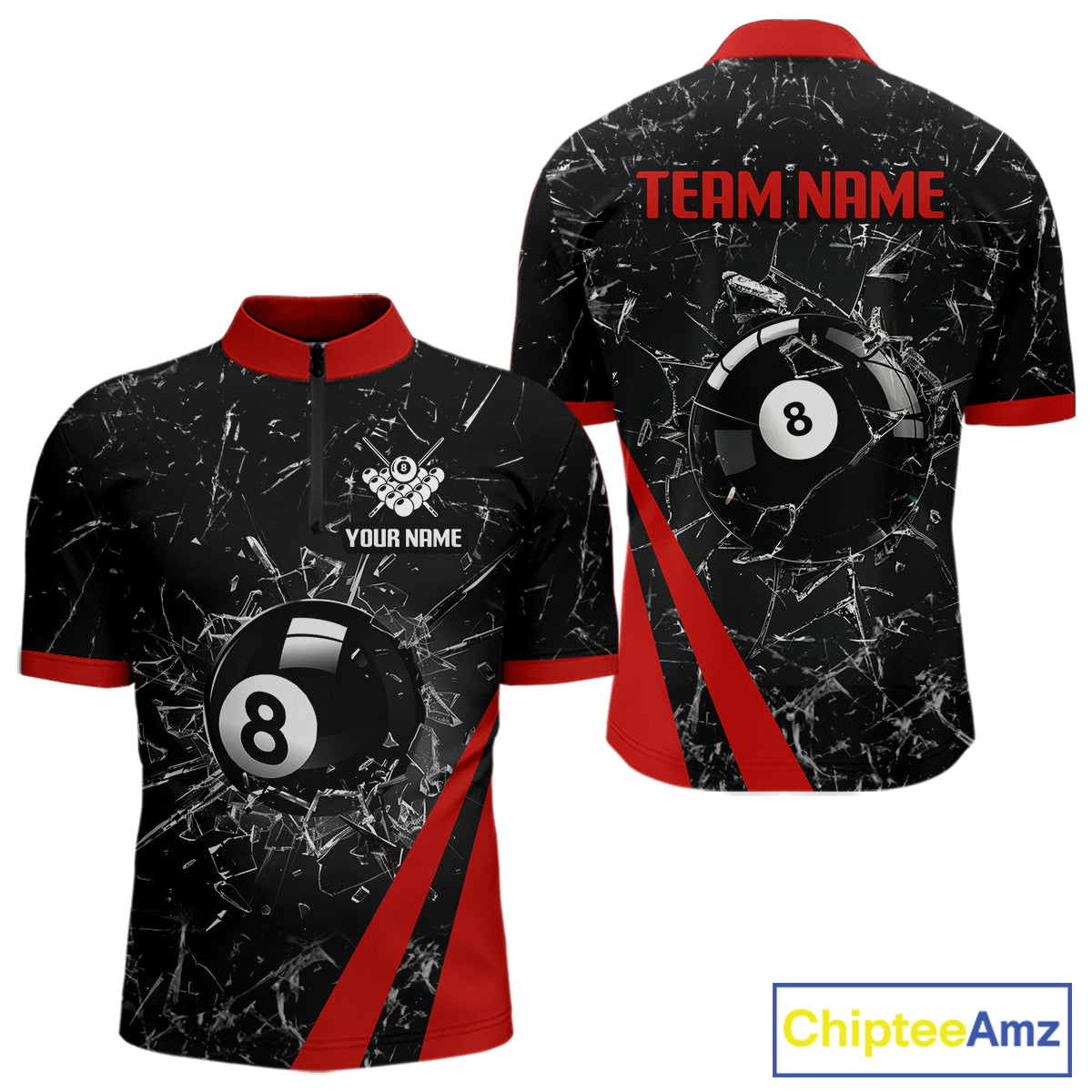 Black And Red Glass Break 8 Ball Billiard Shirt For Men Custom Pool Team Jersey Polo & 1/4 Zip TDM6324