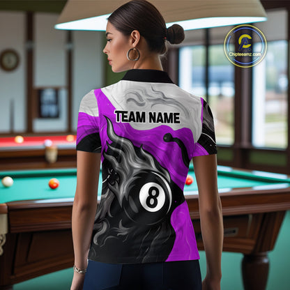 Personalized Black, Purple And White 8 Ball Flame Billiard Shirt For Women Custom Pool Team Jerseys TDM4190