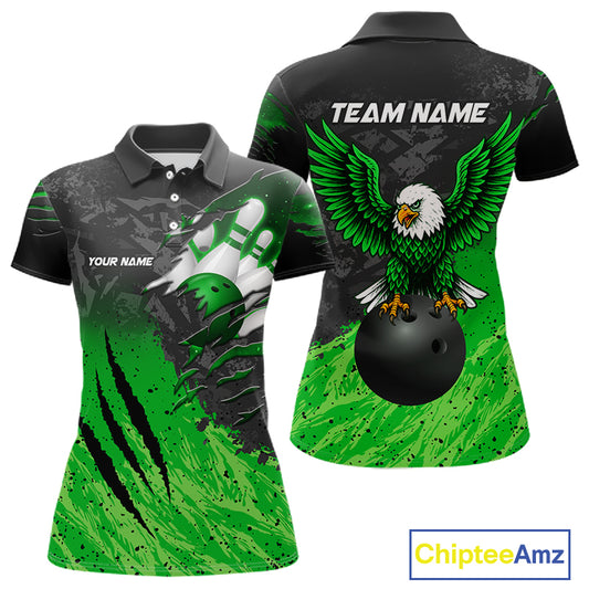 Personalized black and green eagle bowling team jersey polo shirt for women featuring a fierce eagle design, premium custom bowling league apparel for tournaments, league play and competitive bowling teams.
