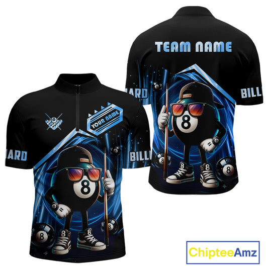 Blue Funny 8 Ball Billiard Shirt For Men Custom Pool Team Shirt, Billiard Jersey Polo & 1/4 Zip TDM5205