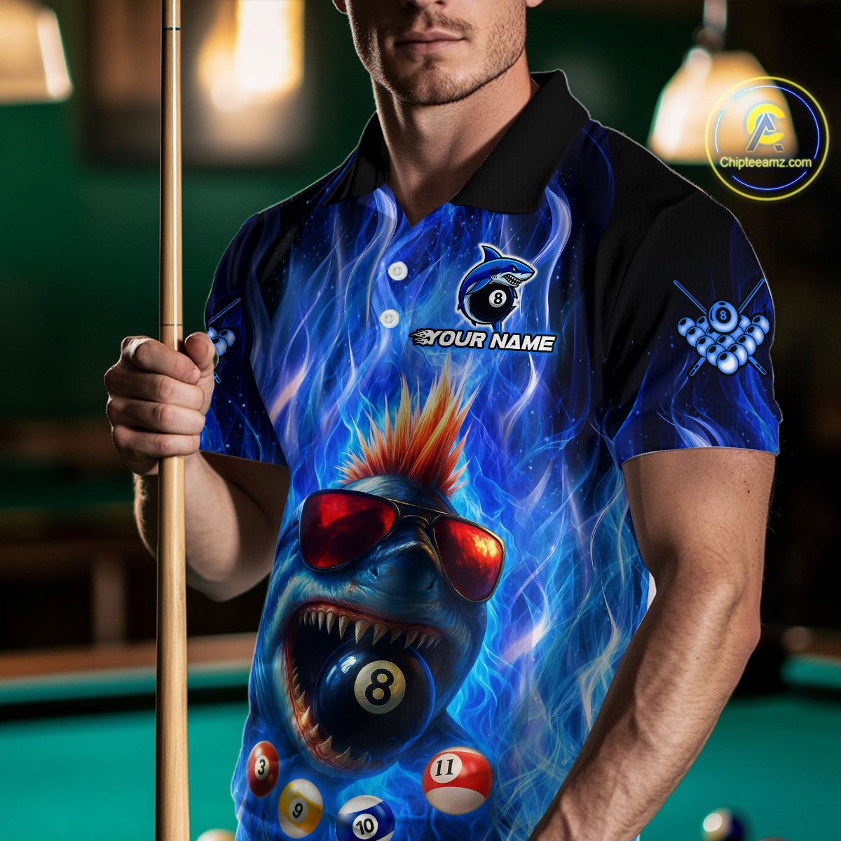 Personalized Blue Funny Shark Flame Men's Billiards Shirts Custom 8 Ball Billiard Team Jersey TDM5214