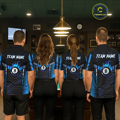 Personalized Blue 8 Ball Flame Billiard Polo & Quarter Zip For Women, 8 Ball Pool Team Jersey TDM5731