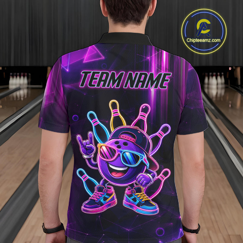 Funny Neon Bowling Ball Polo & Quarter Zip Shirt For Men Custom Bowling Team Shirt, Bowling Jersey TDM6519