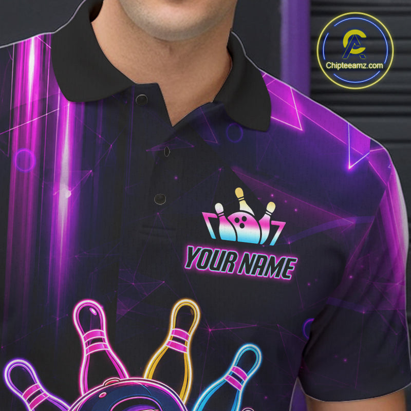 Funny Neon Bowling Ball Polo & Quarter Zip Shirt For Men Custom Bowling Team Shirt, Bowling Jersey TDM6519