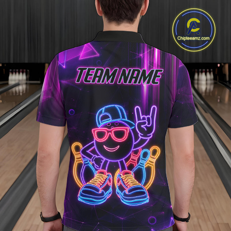 Funny Neon Bowling Ball Polo & Quarter Zip Shirt For Men Custom Bowling League Team Jersey TDM6520