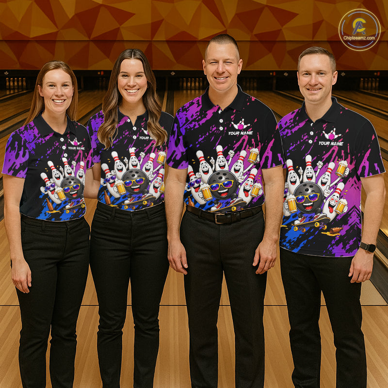 Custom Blue Purple Funny Bowling Pins Beer Bowling Shirts For Women Personalized Bowling Team Jersey TDM7255