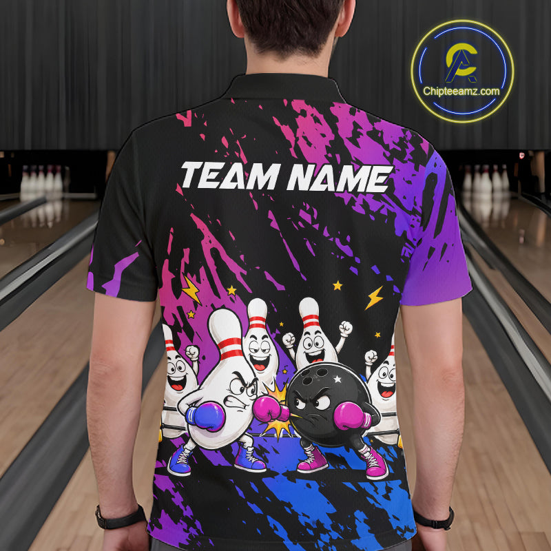 Custom Blue And Purple Funny Boxing Bowling Shirts For Men Bowling Team Jersey, Gift For Bowlers TDM7257