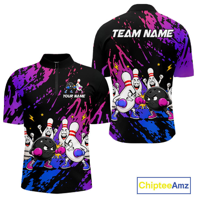 Custom Blue And Purple Funny Boxing Bowling Shirts For Men Bowling Team Jersey, Gift For Bowlers TDM7257
