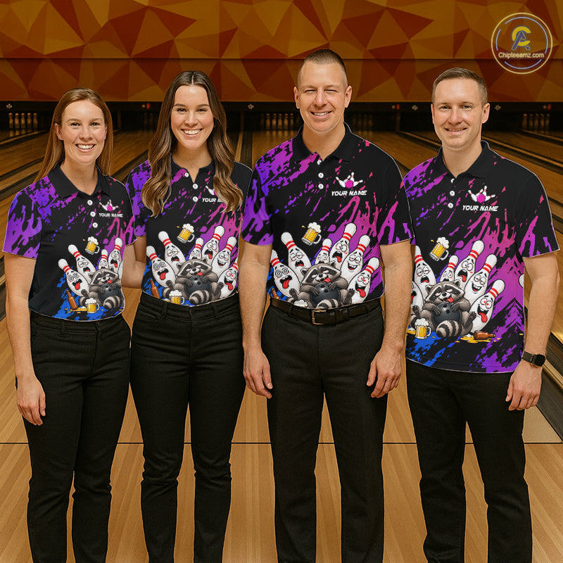 Custom Blue Purple Funny Drunk Raccoon Bowling Shirt For Women Personalized Beer Bowling Team Jersey TDM7258