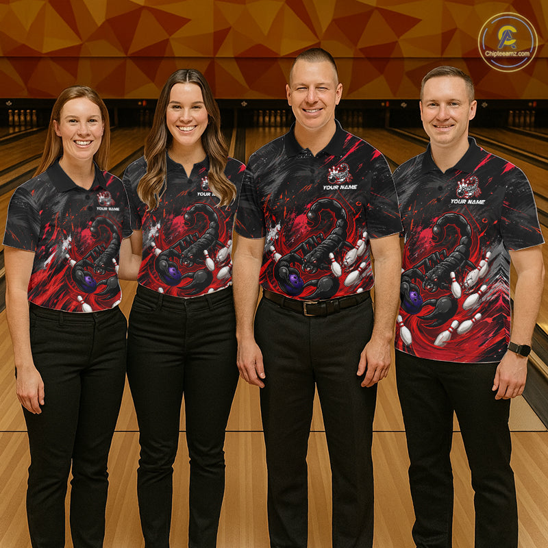 Custom Black And Red Grunge Scorpion Bowling Jersey For Women, Bowling Team Shirts Polo, Quarter Zip TDM7260