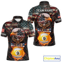 Load image into Gallery viewer, American Flag 9 Ball Fire Custom Eagle Billiard Shirt For Men, Patriotic Pool Jersey Polo, 1/4 Zip TDM5931