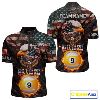 American Flag 9 Ball Fire Custom Eagle Billiard Shirt For Men, Patriotic Pool Jersey Polo, 1/4 Zip TDM5931