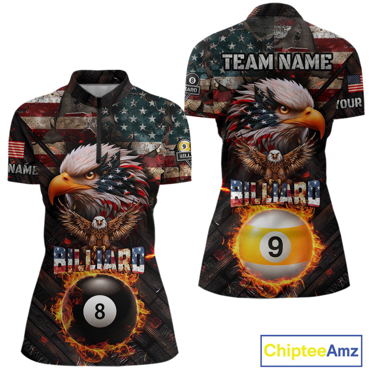 American Flag 8 Ball & 9 Ball Fire Custom Eagle Billiard Shirt For Women, Patriotic Pool Team Jersey TDM5932