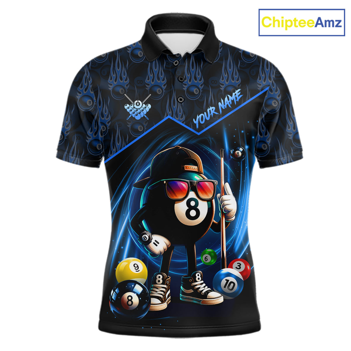 Blue Funny 8 Ball Pool Billiard Shirt For Men Custom Flame Billiard Team Jersey Polo & 1/4 Zip TDM6346